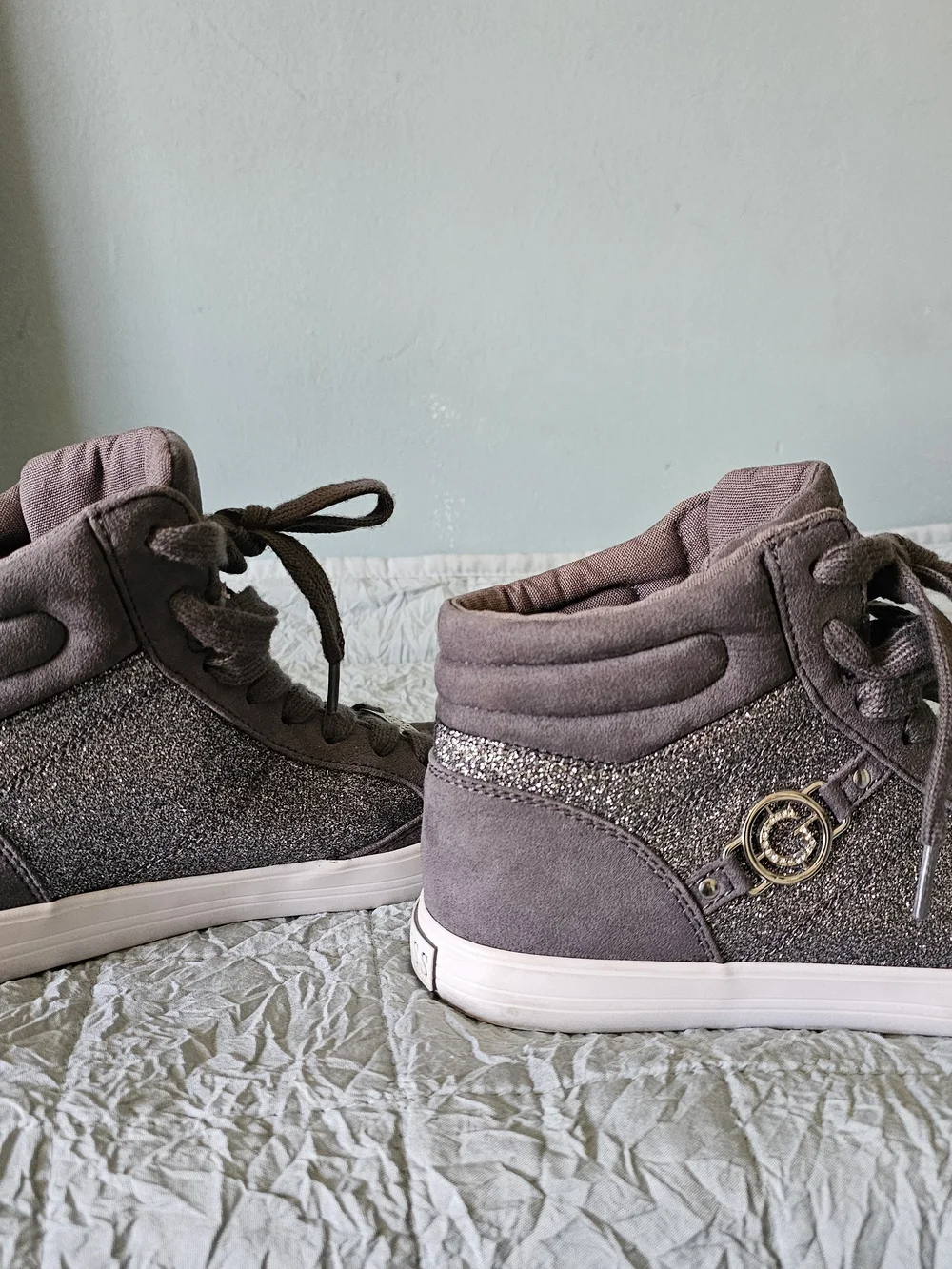 GUESS Taupe Glitter-Panel High-Top Women's Sneakers